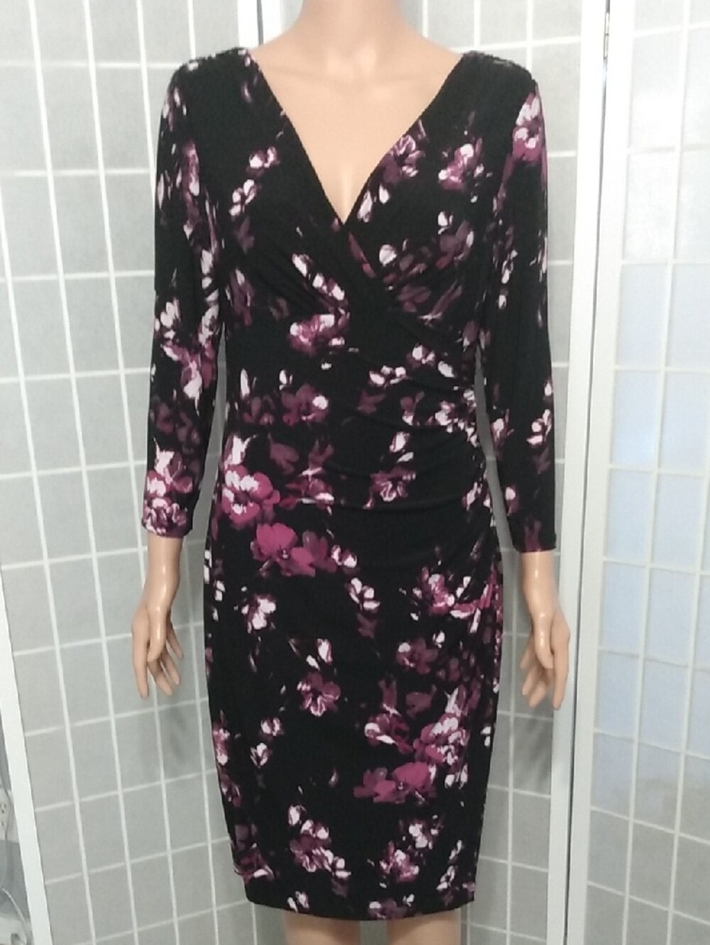 Black Floral Midi Dress with Pink Purple Blooms